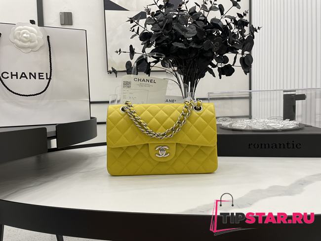 CHANEL SMALL CLASSIC HANDBAG GRAINED CALFSKIN & - SILVER TONE METAL YELLOW A01113  - 1