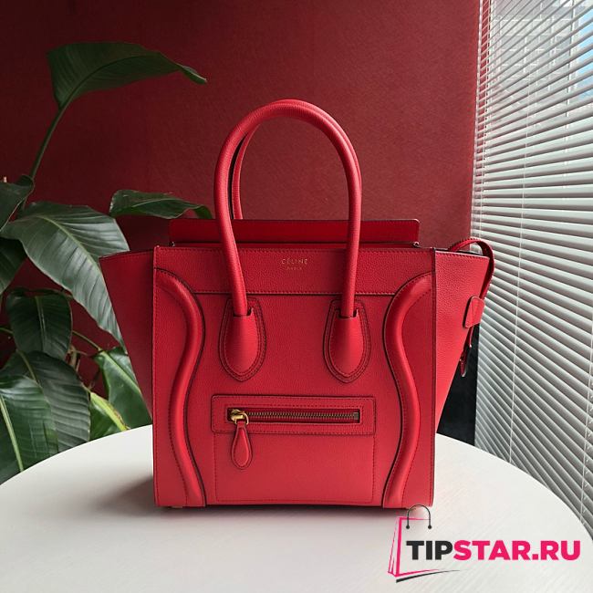 Celine Luggage Bag Red Drummed Calfskin Golden Zip Size 27cm - 1