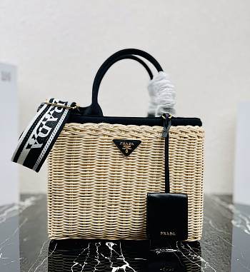 Prada Wicker And Canvas Tote Bag Tan/Black 1BG835 Size 26x18x11.5 cm