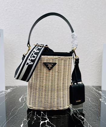 Prada Wicker And Canvas Bucket Bag Tan/Black 1BE062 Size 18x19x11 cm