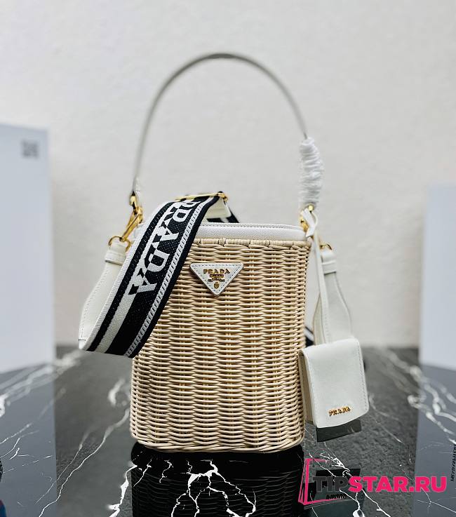 Prada Wicker And Canvas Bucket Bag Tan/White 1BE062 Size 18x19x11 cm - 1