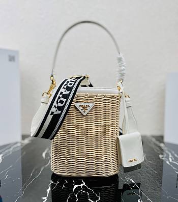 Prada Wicker And Canvas Bucket Bag Tan/White 1BE062 Size 18x19x11 cm