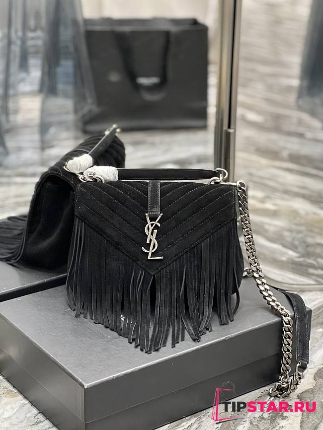 YSL College Medium Chain Bag Light Suede With Fringes Black Size 24 cm - 1
