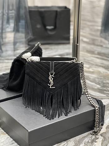 YSL College Medium Chain Bag Light Suede With Fringes Black Size 24 cm