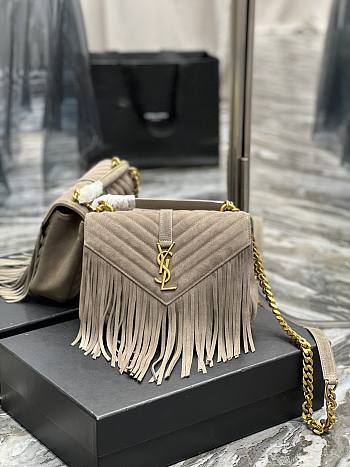 YSL College Medium Chain Bag Light Suede With Fringes Grey Size 24 cm