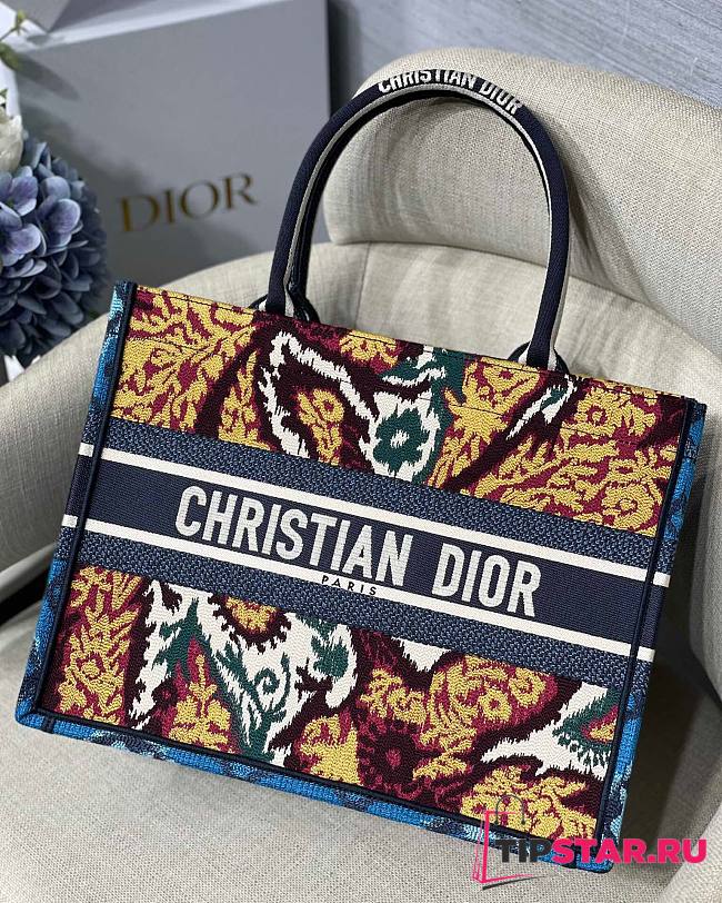 Dior Small Book Tote Paisley Blue Embroidery M1296 Size 36.5 Cm - 1