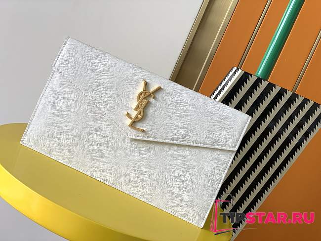 YSL Uptown Pouch White Grain Leather Gold Metal 565739 size 27×16×2 cm - 1