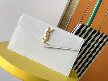 YSL Uptown Pouch White Grain Leather Gold Metal 565739 size 27×16×2 cm