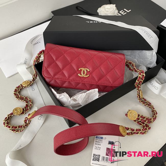 Chanel Gold Coin Chain Strap Phone Red Bag AP2860 size 18x9x3.5 cm - 1