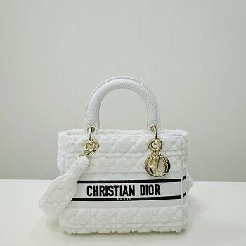 Dior Medium Lady D-Lite White Cannage Wool Embroidered size 24 cm 