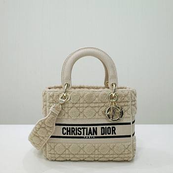 Dior Medium Lady D-Lite Light Beige Cannage Wool Embroidered size 24 cm