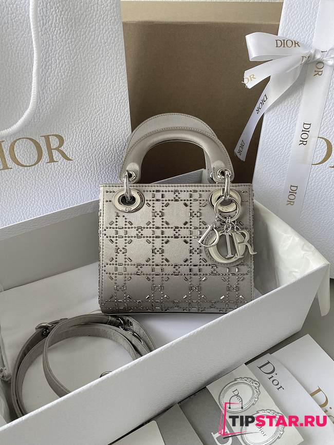  Lady Dior Mini Bag Gray Strass Cannage Satin Size 17×15×7cm - 1