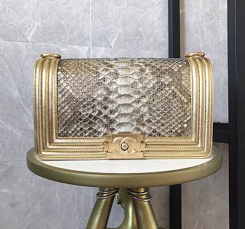 Chanel Boy Flap Bag Python Old Medium Gold 67086 Size 25×16×9cm