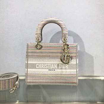 Dior Medium Lady D-Lite Bag Cloud Color Strips Gold Buckle Cannage Embroidery Size 24x20x11 cm