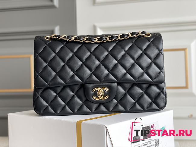 Chanel Black Medium Classic Flap in Lambskin with Light Gold Hardware Size 28 cm - 1