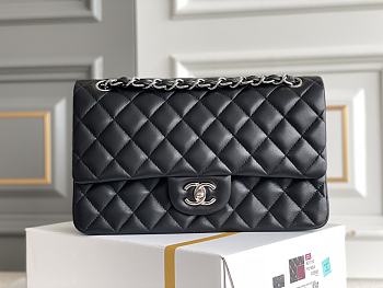 Chanel Black Medium Classic Flap in Lambskin with Light Sliver Hardware Size 28 cm