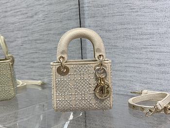 Lady Dior Micro Bag Latte Calfskin Embroidered Entirely with White Resin Pearls 12x10x5 cm