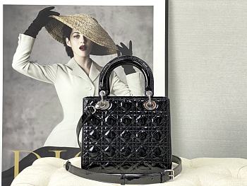 Lady Dior Medium Patent Leather Bag Black Silver Hardware Size 24×20×11 cm