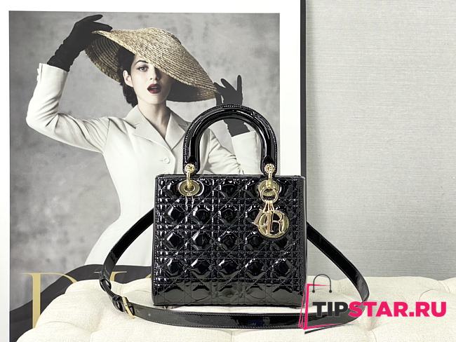 Lady Dior Medium Patent Leather Bag Black Gold Hardware Size 24×20×11 cm - 1