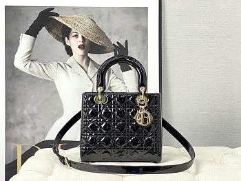Lady Dior Medium Patent Leather Bag Black Gold Hardware Size 24×20×11 cm