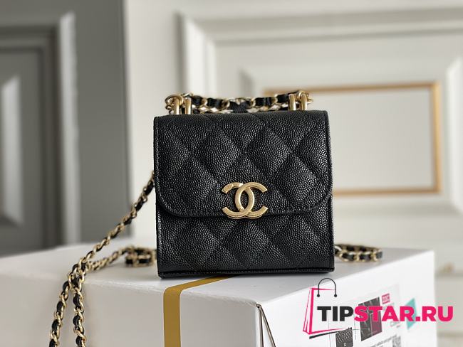 Chanel Black Calfskin Classic Single Flap Card Holder with Chain Gold Hardware Size 11x11x3 cm - 1