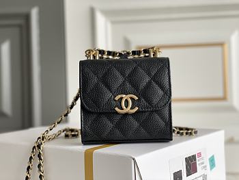 Chanel Black Calfskin Classic Single Flap Card Holder with Chain Gold Hardware Size 11x11x3 cm