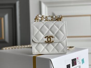 Chanel White Calfskin Classic Single Flap Card Holder with Chain Gold Hardware Size 11x11x3 cm