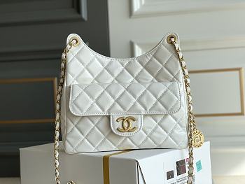 Chanel HOBO BAG Shiny Crumpled Calfskin & Gold-Tone Metal White Size 22.5x21.5x7 cm