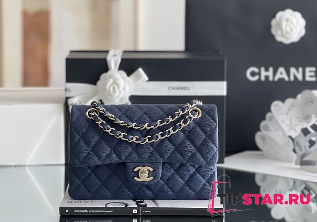 Chanel Navy Quilted Grained Calfskin Small Classic Double Flap Bag Pale Gold Hardware Size 23x14.5x6 cm - 1