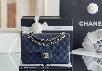 Chanel Navy Quilted Grained Calfskin Small Classic Double Flap Bag Pale Gold Hardware Size 23x14.5x6 cm