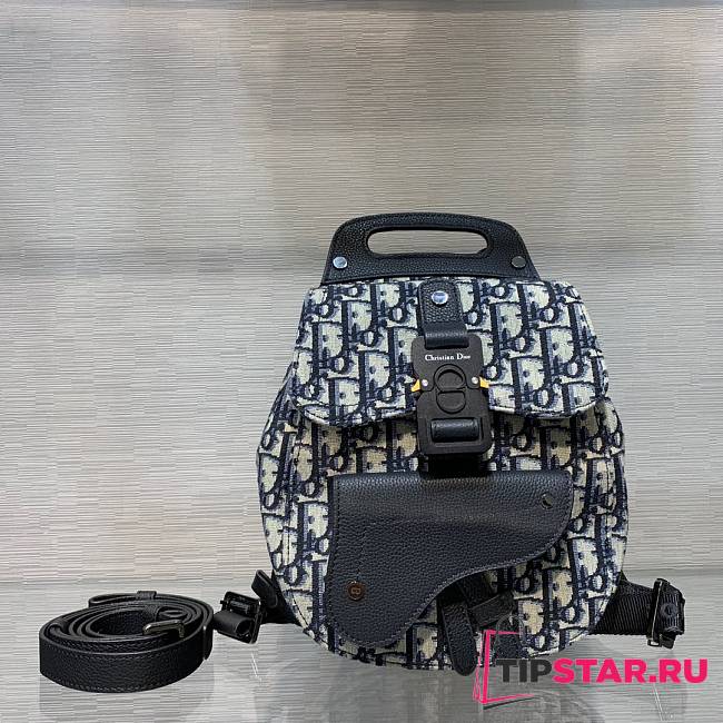 CHRISTIAN DIOR Oblique Jacquard Mini Saddle Backpack Navy Blue Size 19x28x10 cm - 1