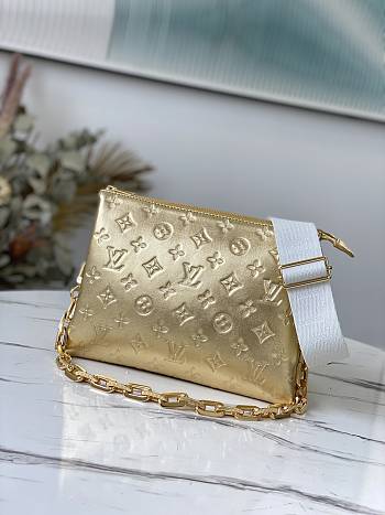 Louis Vuitton Coussin PM Gold Monogram-Embossed Puffy Lambskin Calfskin Size 26x20x12 cm