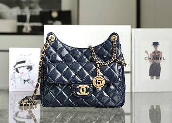 Chanel HOBO BAG Shiny Crumpled Calfskin & Gold-Tone Metal Blue Size 22.5x21.5x7 cm