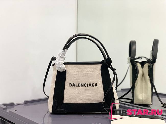 Balenciaga Navy Small Cabas in off-white cotton canvas Size 25x18x9 cm - 1