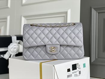 Chanel Pale Gray Quilted Lambskin Classic Single Flap Bag Silver Hardware Size 25x15x6 cm