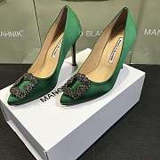 Manolo Blahnik Hangisi Green Satin Jewel Buckle Pumps - 1