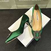 Manolo Blahnik Hangisi Green Satin Jewel Buckle Pumps - 5