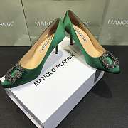 Manolo Blahnik Hangisi Green Satin Jewel Buckle Pumps - 6