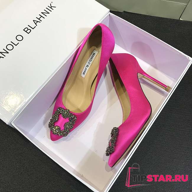 Manolo Blahnik Hangisi Pink Satin Jewel Buckle Pumps - 1