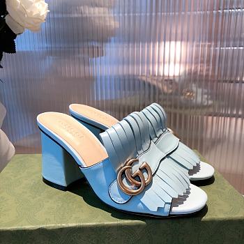 Gucci Marmont GG Wild Blue Fringe Mules Sandals Heels