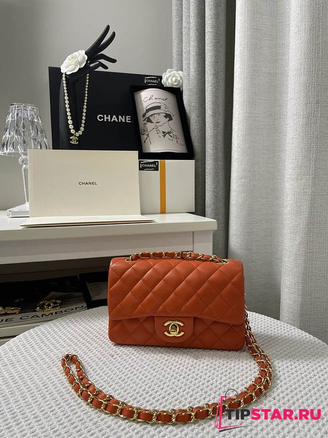 CHANEL Classic Flap Bag Orange Quilted Lambskin Leather Size 20 cm - 1