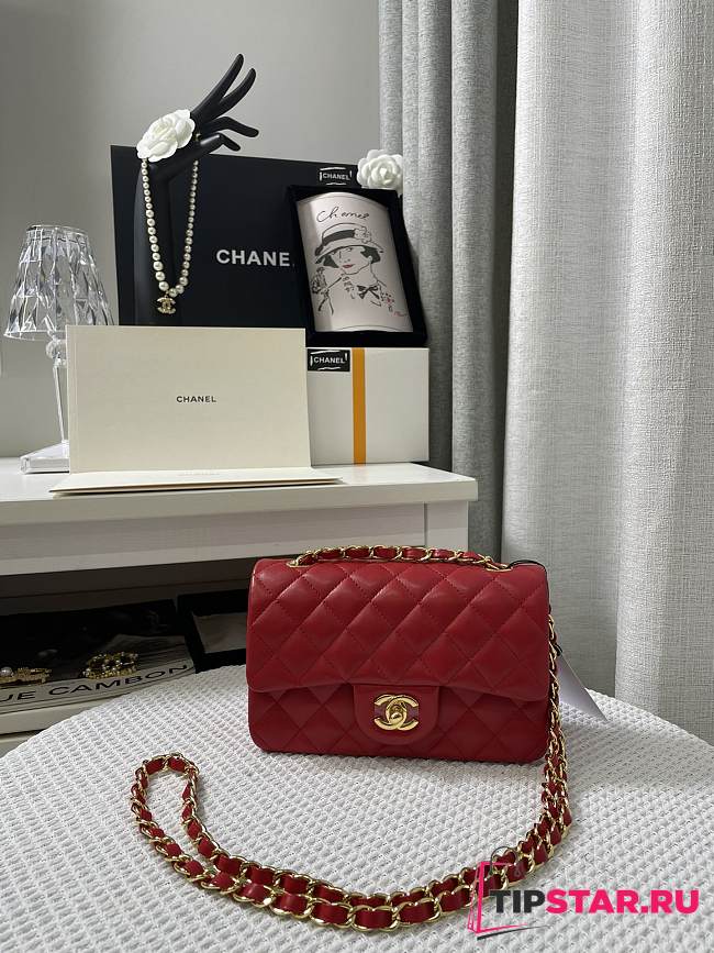 CHANEL Classic Flap Bag Red Quilted Lambskin Leather Size 20 cm - 1