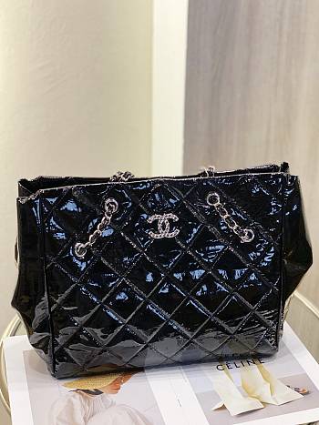Chanel Black Quilted Patent Leather Shoulder Bag Chain Strap Interlocking CC Size 46x28x13 cm