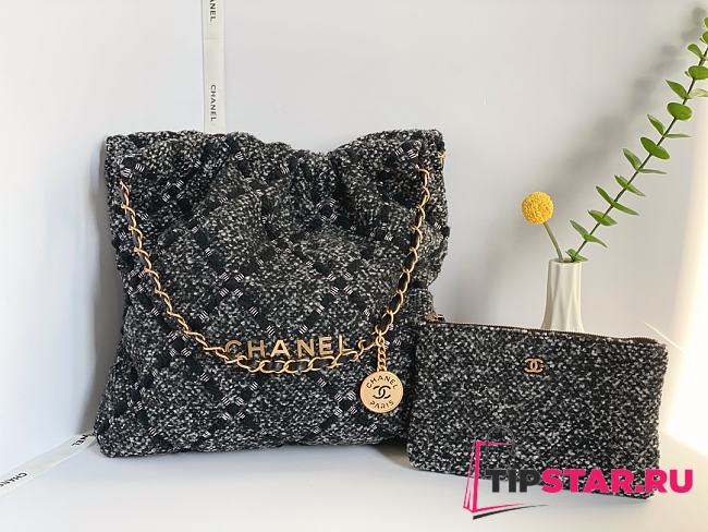 CHANEL 22 Handbag Tweed Patchwork & Gold-Tone Metal Gray&Black Size 38x42x8 cm - 1