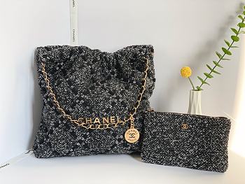 CHANEL 22 Handbag Tweed Patchwork & Gold-Tone Metal Gray&Black Size 38x42x8 cm