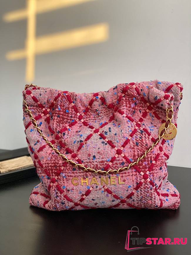 CHANEL 22 Handbag Tweed Patchwork & Gold-Tone Metal Pink Size 38x42x8 cm - 1