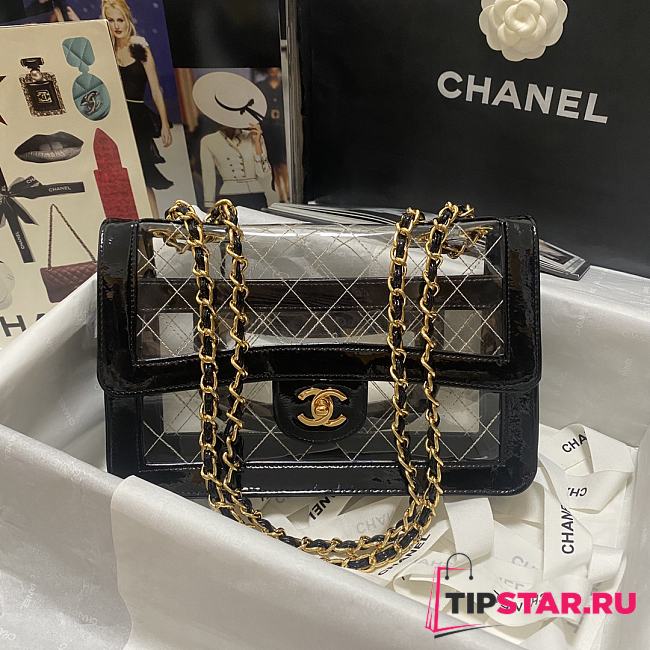 Chanel Clear Quilted Vinyl and Black Patent Leather Maxi Flap Bag Gold Hardware Size 25.5x16.5x6 cm - 1