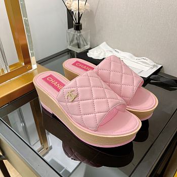 Chanel Women's Open Toe Platform Sandals Quilted Leather and Wood Pink