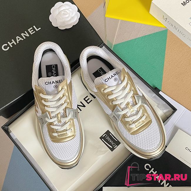 Chanel Sneaker Fabric & Laminated White & Gold - 1