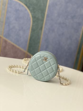 Chanel Round Clutch With Pearl Chain Light Blue Size 12x12x4.5 cm